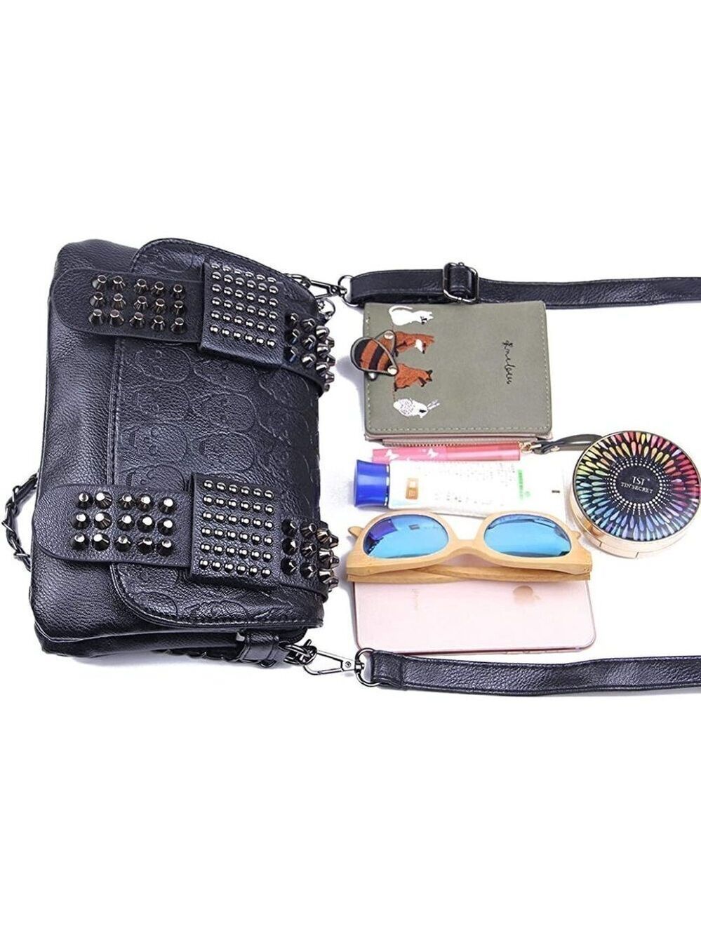 Black Leather Skull Crossbody Bag Chain Gothic Shoulder Biker Rocker Studded NWT - Picture 5 of 11